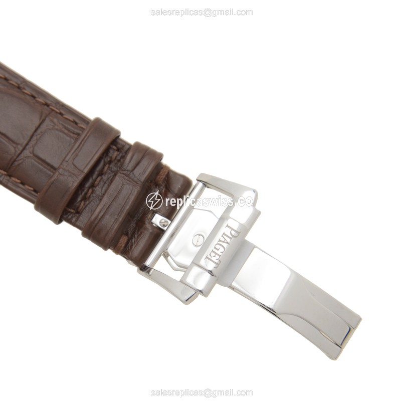 Piaget Polo Replica - Automatic - 18kt White Gold - Diamond - White Dial - Brown Alligator Strap - View 4