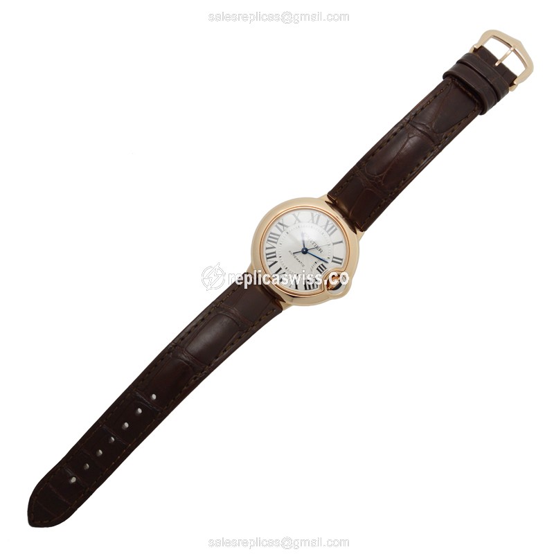 Cartier Ballon Bleu Replica - Automatic 18kt Rose Gold - Silver Dial - Brown Alligator Buckle - View 2