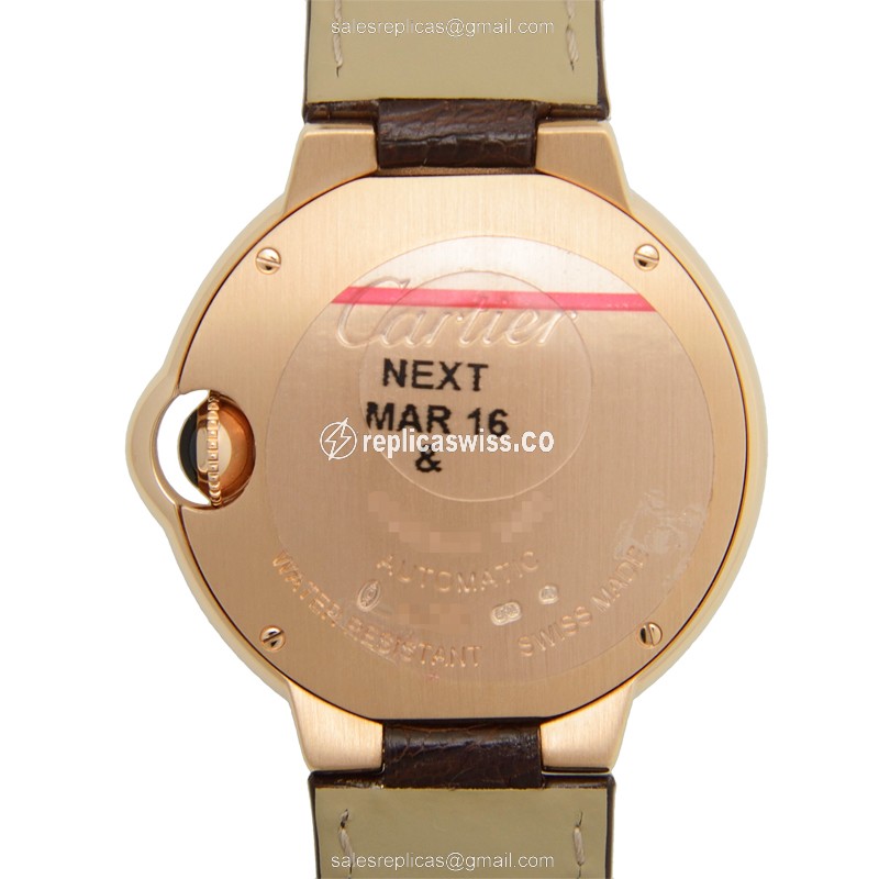 Cartier Ballon Bleu Replica - Automatic 18kt Rose Gold - Silver Dial - Brown Alligator Buckle - View 3