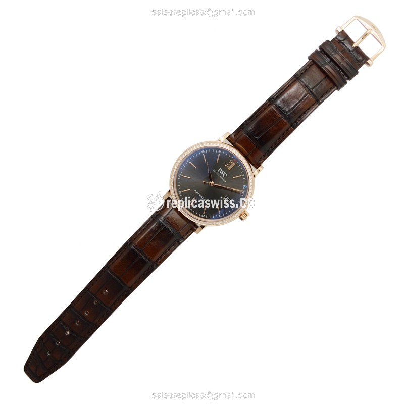 IWC Portofino Replica - Automatic 18kt Rose Gold - Dark Grey Dial - Brown Alligator Strap - View 2