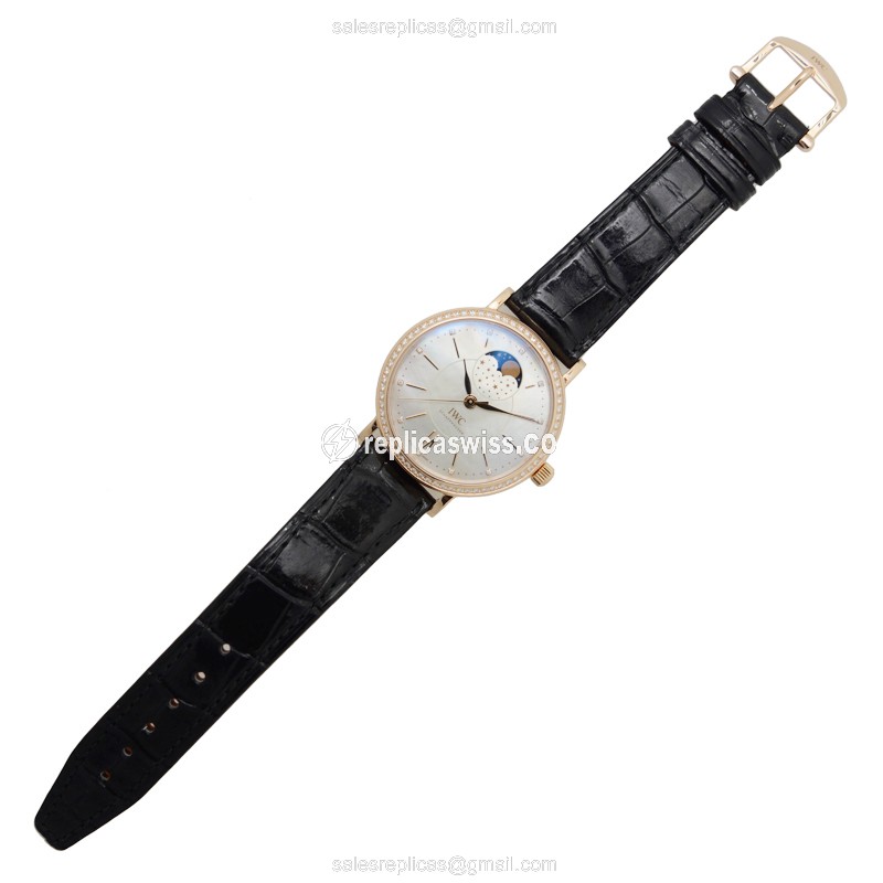 IWC Portofino Replica - Automatic 18kt Rose Gold & Diamonds - White Dial - Black Alligator Strap - Buckle Clasp - View 2