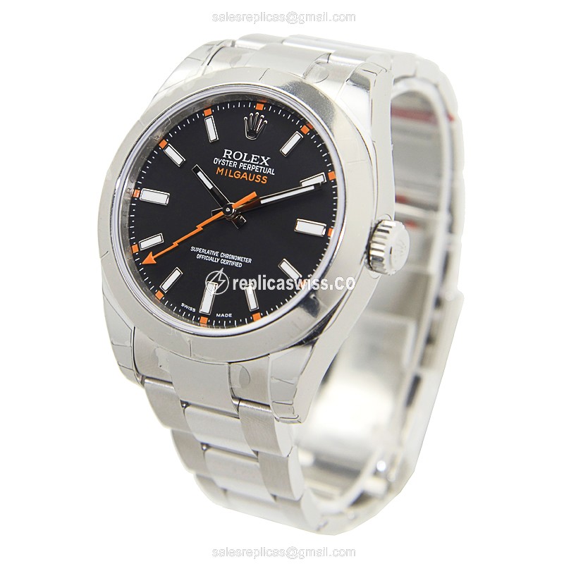 Rolex MILGAUSS Replica: Automatic - Black - Steel Case, Silver Clasp - View 3