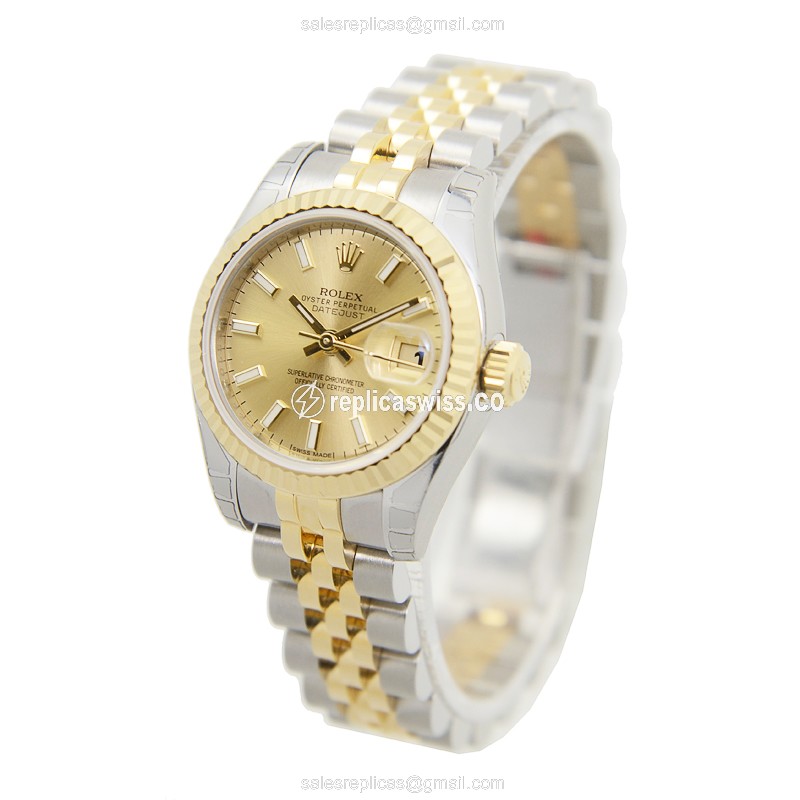 Rolex Lady Datejust Replica - Automatic - 18kt Gold & Steel Case - Gold Dial - Silver Clasp & Strap - View 3