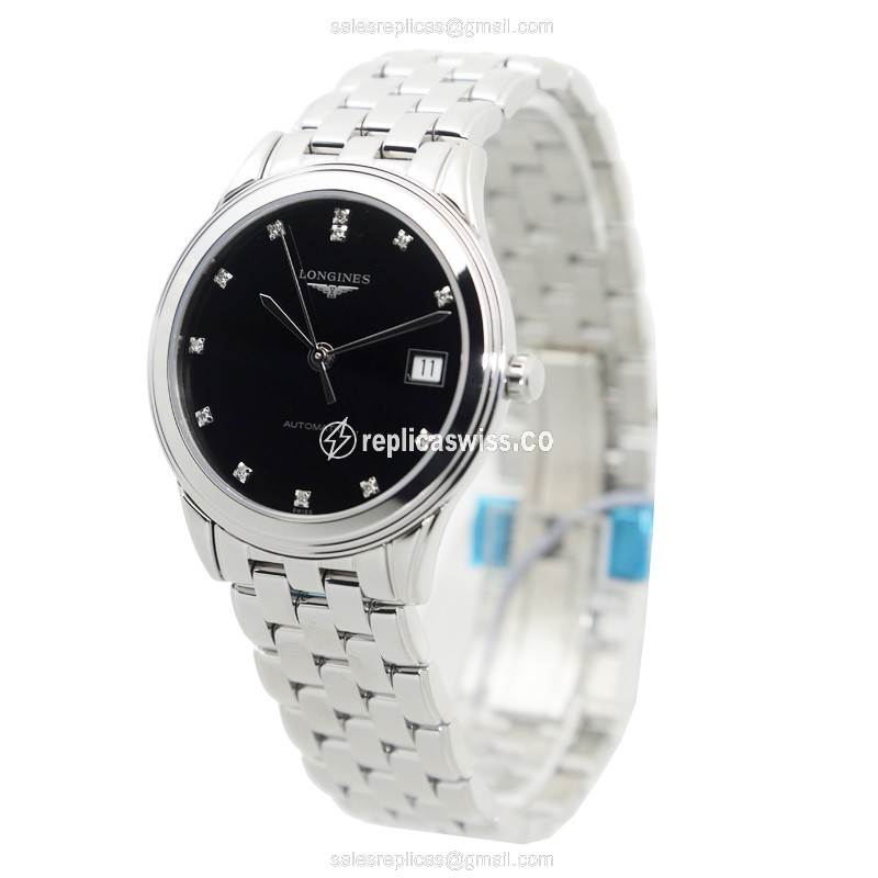 Longines L4.774.4.57.6 Replica - Automatic - Stainless Steel Case - Black Dial, Silver Clasp & Strap - View 3