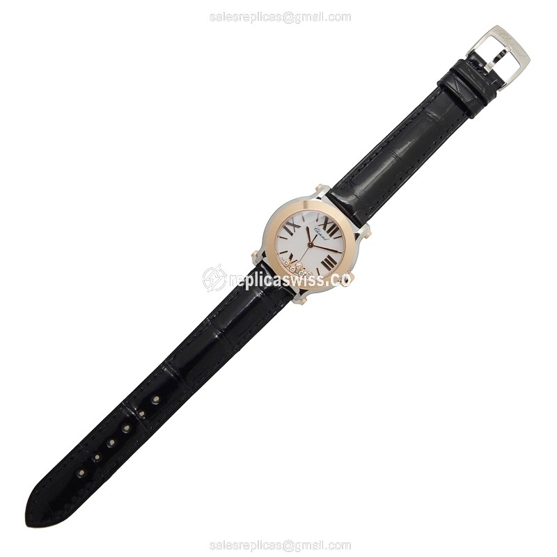 Chopard Happy Sport Replica - Quartz - 18kt Rose Gold & Steel Case - White Dial - Black Alligator Strap - View 2