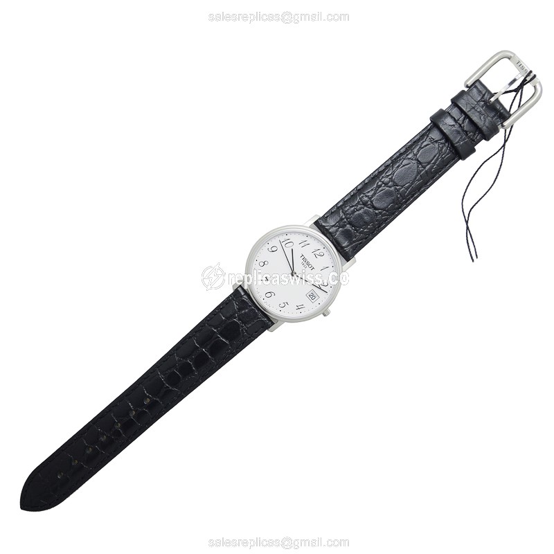 Rolex T-Classic Replica - Quartz - White Dial - Stainless Steel - Black Leather Strap - Buckle Clasp - View 2