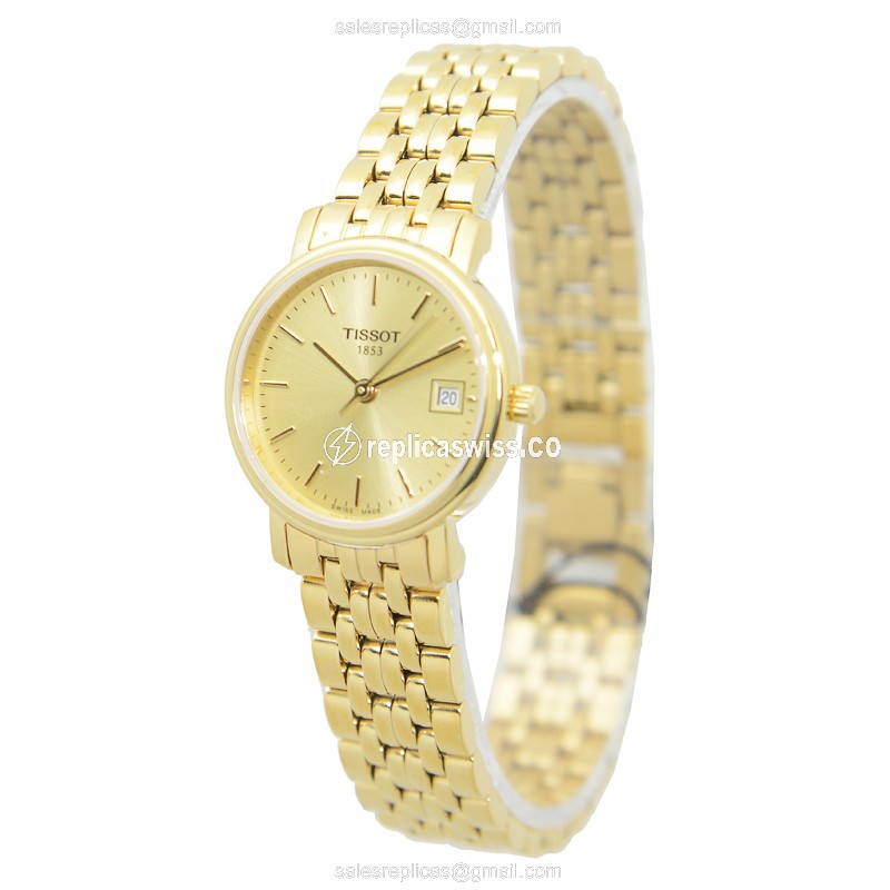 Tissot T-CLASSIC Quartz - Gold Dial - Steel Case - Gold Strap - Clasp - View 3