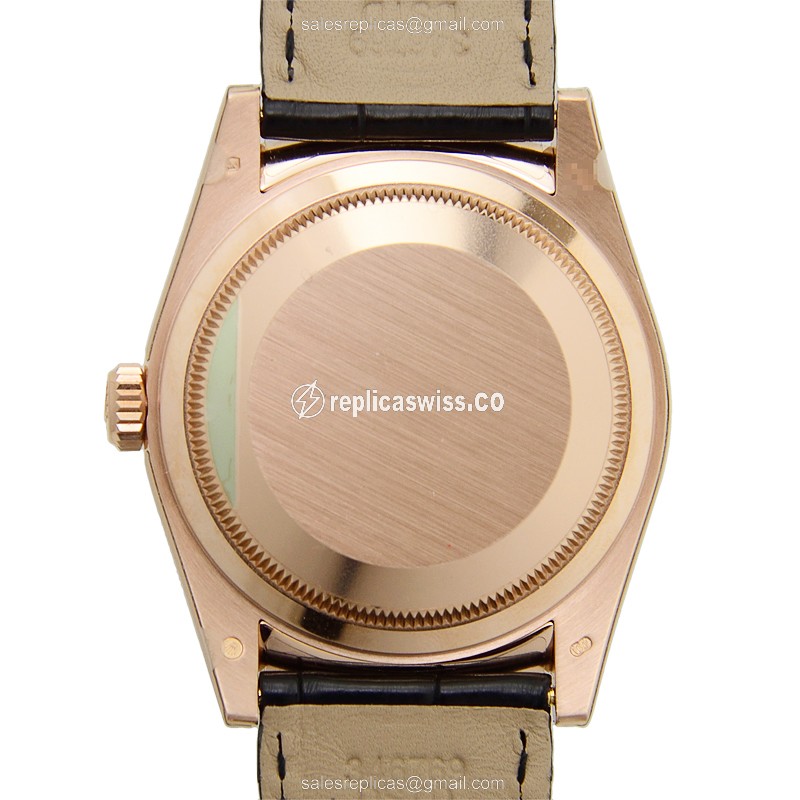 Rolex DAY-DATE Replica - Automatic - 18kt Rose Gold - Pink Dial - Leather Strap - View 3