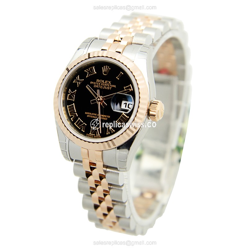 Rolex Datejust Lady Replica - 18kt Rose Gold - Steel Case, Black Dial - View 3