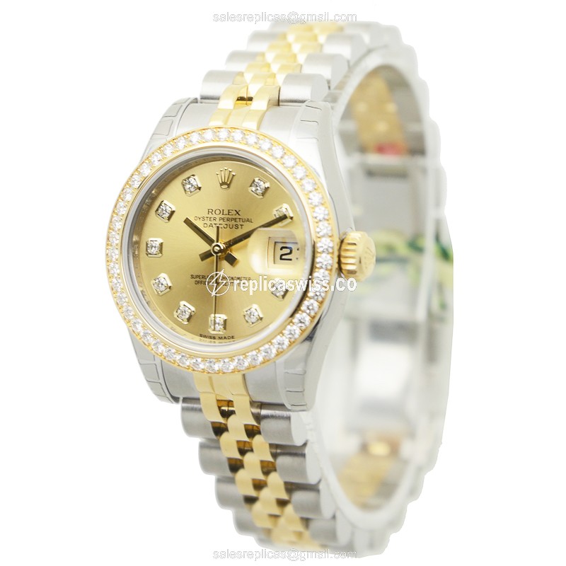 Rolex Datejust Lady Replica - Gold Case - Diamond Accents - Automatic Movement - View 3