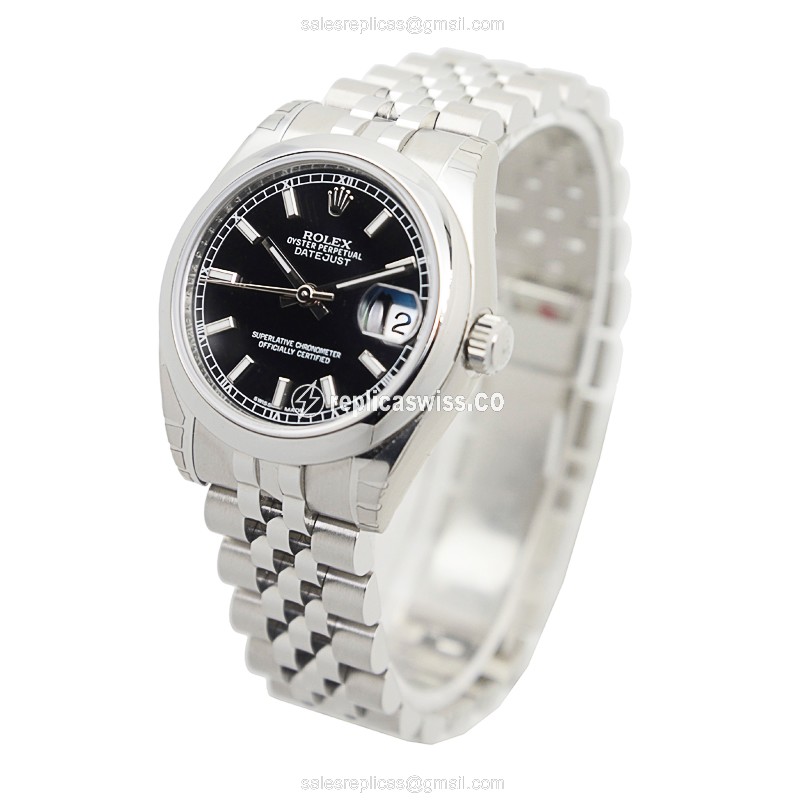 Rolex Datejust Lady Replica - Automatic - Steel Case - Black Dial on Silver Strap - View 3