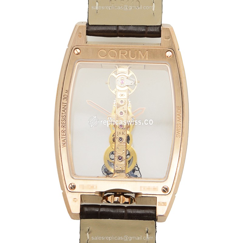 Corum BRIDGE 113.160.55/0002 - Manual Wind - 18kt Rose Gold - Skull Dial - Brown Alligator Buckle - View 3