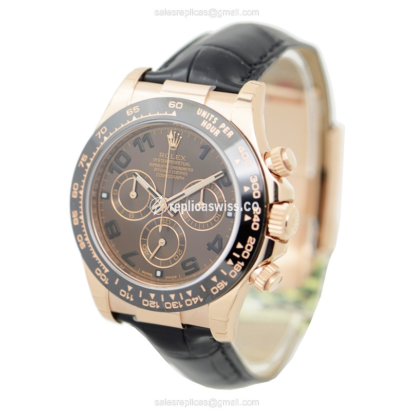 Rolex Daytona Replica: Automatic - 18kt Rose Gold - Brown Dial - Alligator Black Strap - View 3