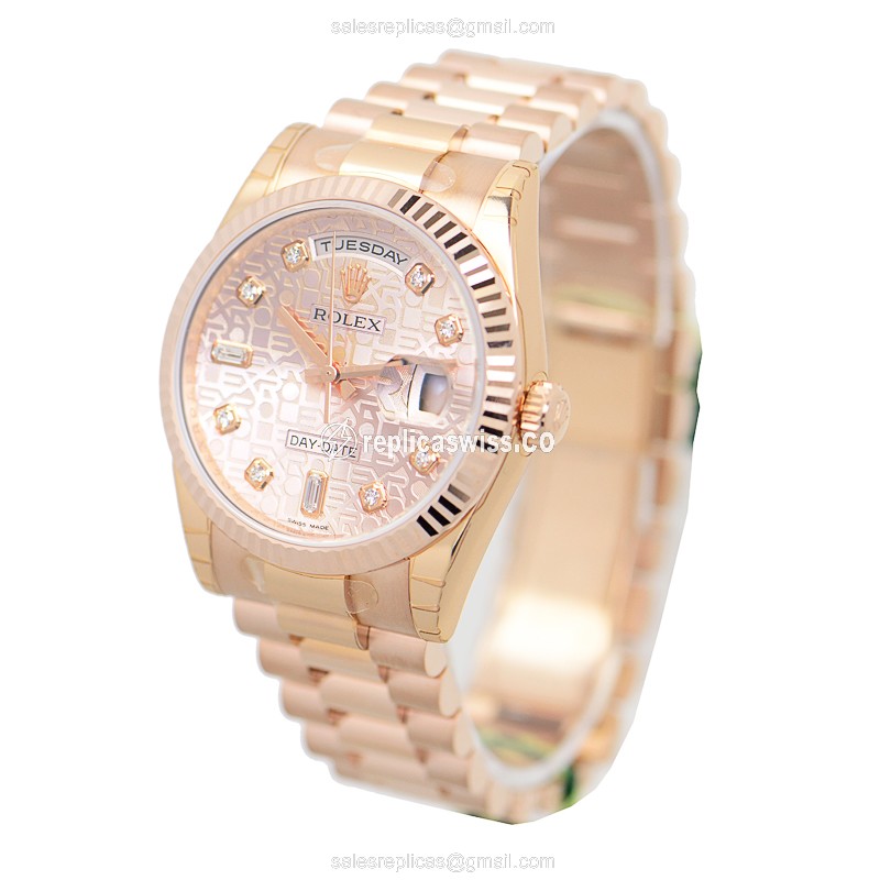 Rolex DAY-DATE Replica - Automatic - 18kt Rose Gold - Pink Dial - Gold Clasp - View 3