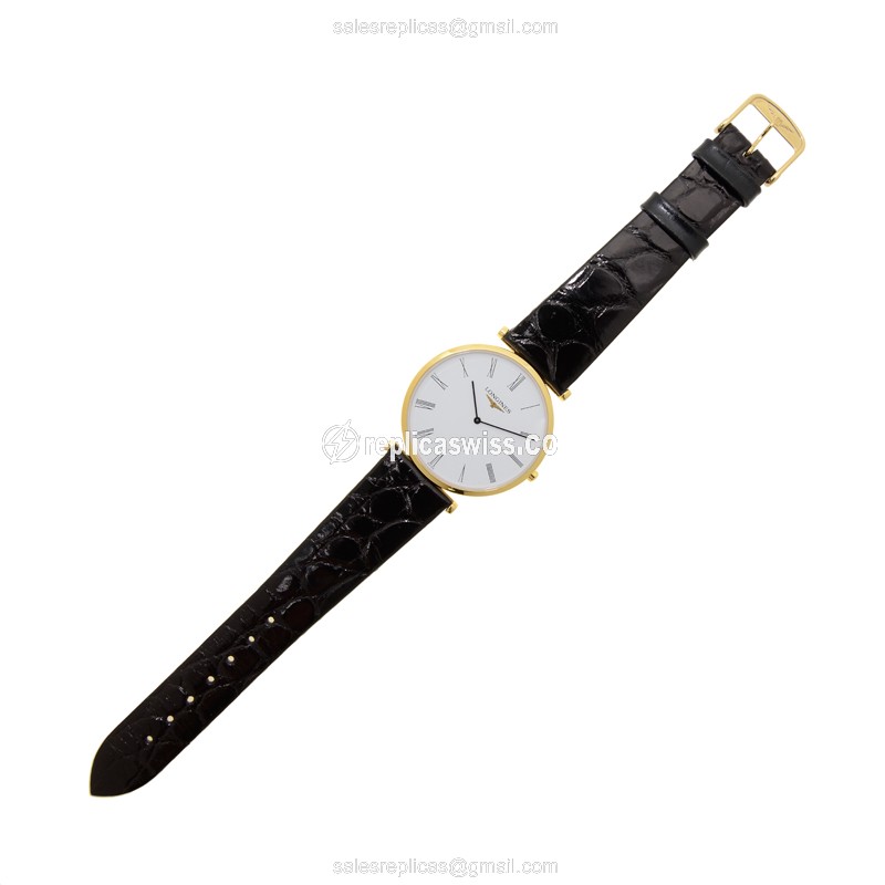 Longines LA GRANDE Replica - Quartz - PVD Gold Case, White Dial - Black Alligator Strap - View 2