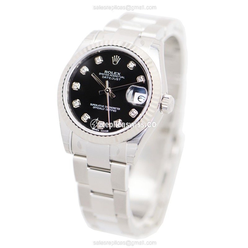 Rolex Datejust Replica - Automatic - 18kt White Gold & Steel - Black Dial on Silver Steel Strap - View 3