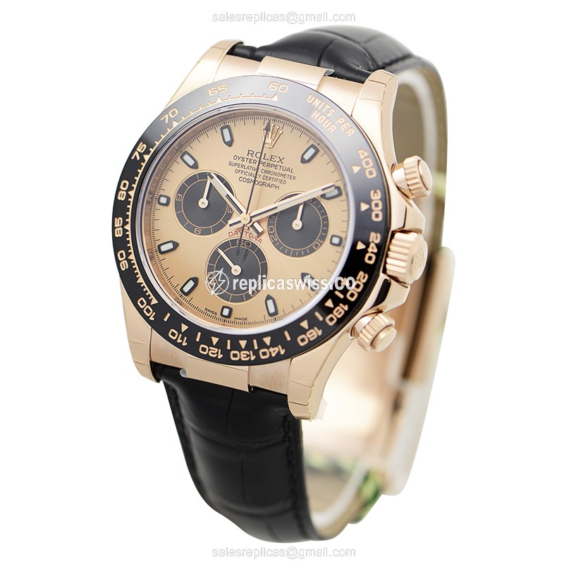 Rolex Daytona Replica - Automatic 18kt Gold - Pink Dial - Black Leather Strap - View 3
