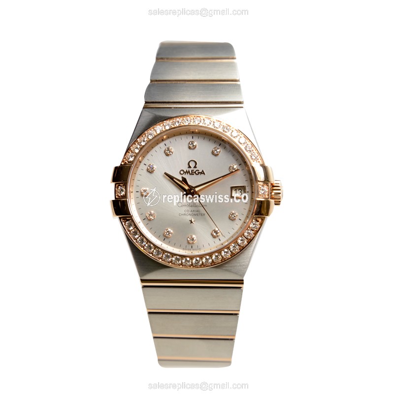 Omega Constellation Replica - 18kt Rose Gold - Automatic - Silver Dial - Diamond Accents - Steel Band - View 2