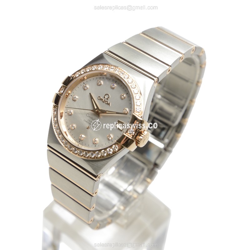 Omega Constellation Replica - 18kt Rose Gold - Automatic - Silver Dial - Diamond Accents - Steel Band - View 3
