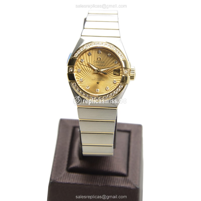 Omega Constellation Replica - Automatic - 18kt Gold & Diamond - Steel Case - Gold Dial - Silver Strap - View 2