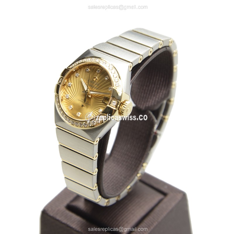 Omega Constellation Replica - Automatic - 18kt Gold & Diamond - Steel Case - Gold Dial - Silver Strap - View 3