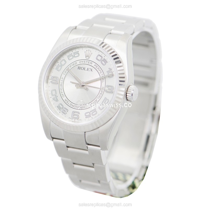 Rolex Oyster Perpetual Replica - Automatic - White Gold Case - Silver Dial, Steel Clasp & Strap - View 3