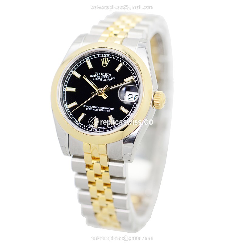 Rolex Lady Datejust Replica - Automatic - Black Dial - Gold Clasp - Gold Strap - View 3