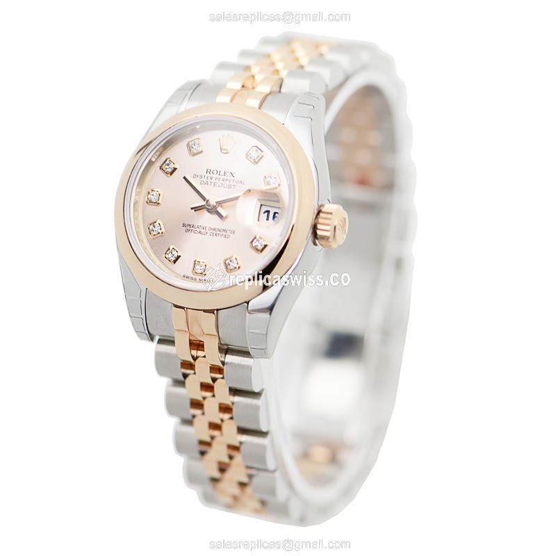 Rolex Datejust Lady Replica - Automatic - 18kt Rose Gold & Steel - Pink Dial - Silver Strap - View 3