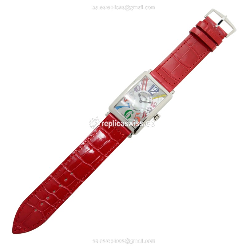 Franck Muller 1002 QZ COL DRM MOP Long Island - Quartz - Steel Case - Silver Dial - Red Alligator Strap - Buckle Clasp - View 2