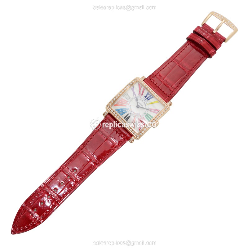 Franck Muller 6002 M B QZ COL DRM R D 1R - Quartz - 18kt Rose Gold Case - Diamonds - Silver Dial - Red Alligator Strap - View 2