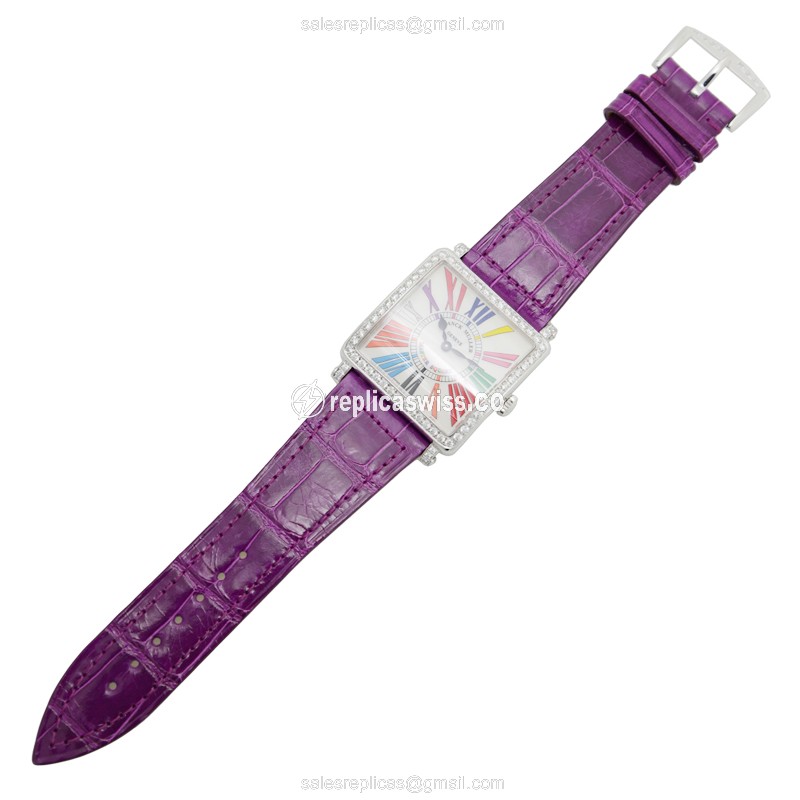 Franck Muller Master Square - Quartz - Silver - Diamonds - Alligator Purple Buckle - View 2