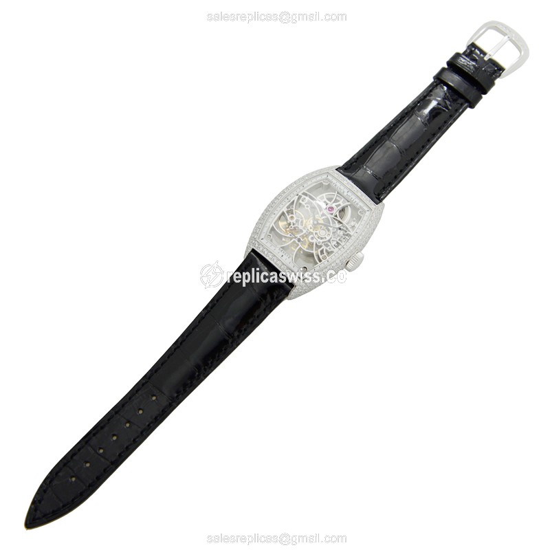Franck Muller 7880 B S6 SQT D OG Replica - Manual - 18kt Gold - Diamond Skull - Black Alligator Buckle - View 2