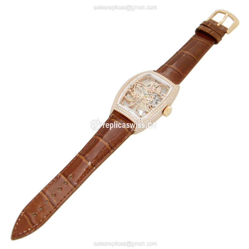 Franck Muller 8880 B S6 SQT D 5N GENEVE Quartz - 18kt Rose Gold & Diamonds - Skull Dial - Brown Alligator Strap - Buckle Clasp - View 2