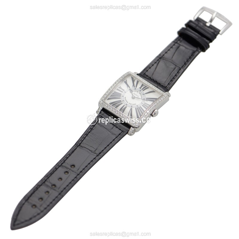 Franck Muller 6002 M B QZ R D 1R Quartz - Diamond Case - Silver Dial - Black Alligator Buckle - View 2