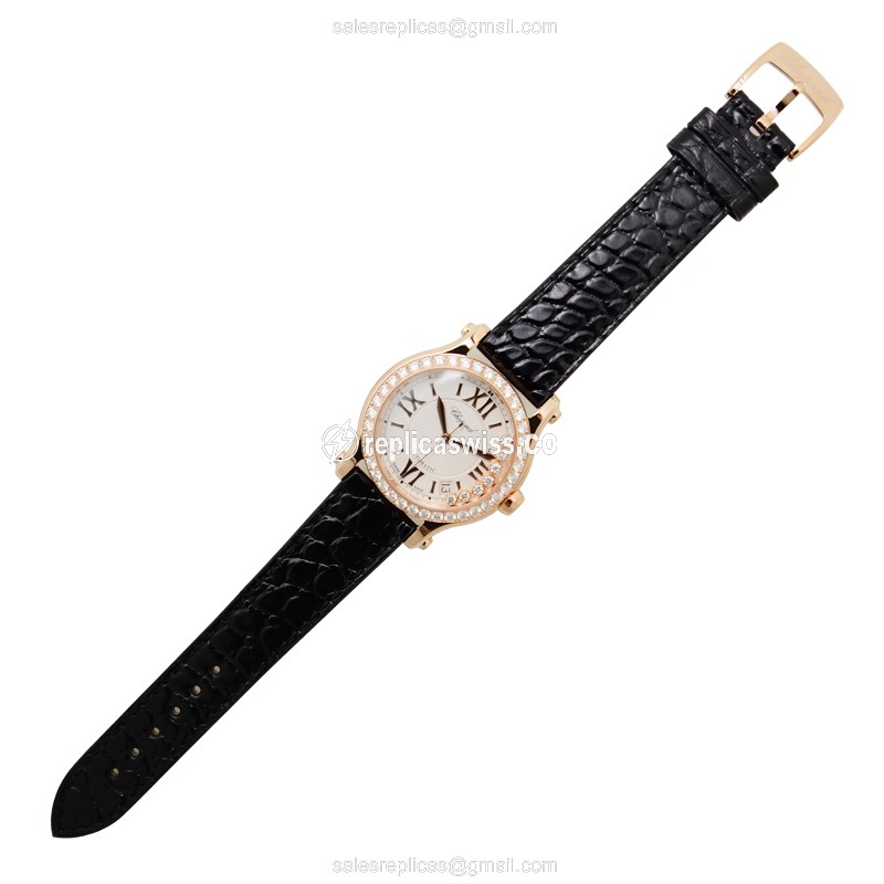 Chopard Happy Sport Replica - Automatic - 18kt Rose Gold - Diamonds - Silver Dial - Black Alligator Strap - View 2