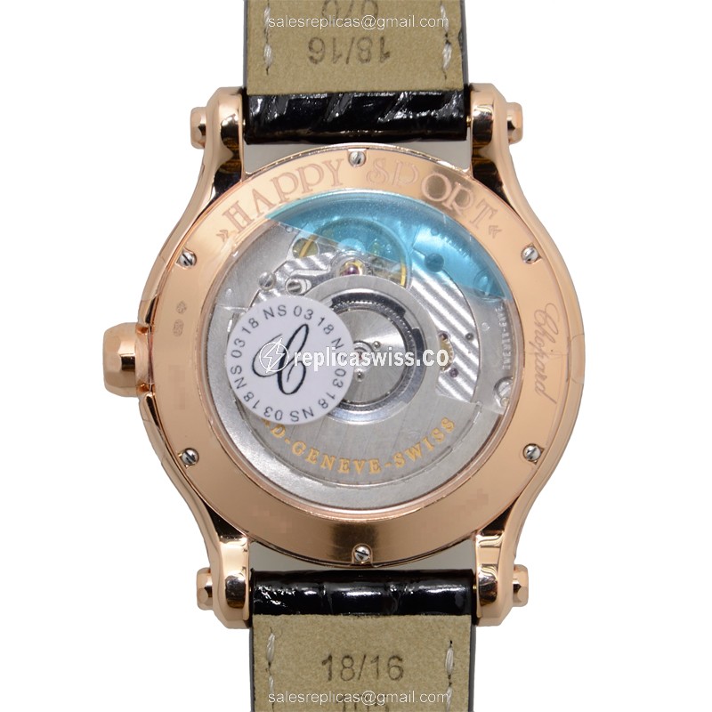 Chopard Happy Sport Replica - Automatic - 18kt Rose Gold - Diamonds - Silver Dial - Black Alligator Strap - View 3
