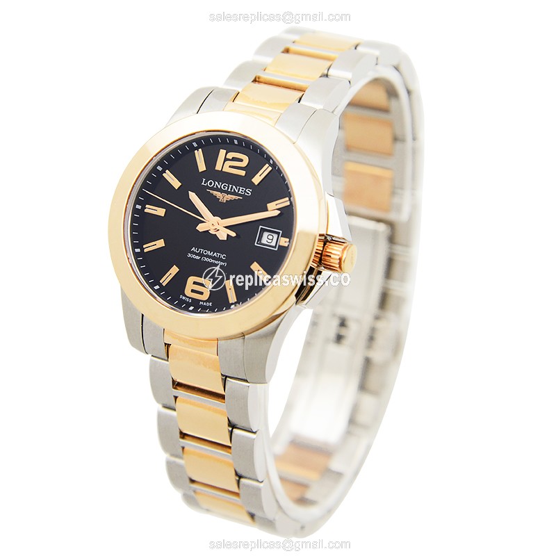 Longines CONQUEST Replica - Automatic - 18kt Rose Gold & Steel - Black Dial, Gold Clasp, Steel Strap - View 3