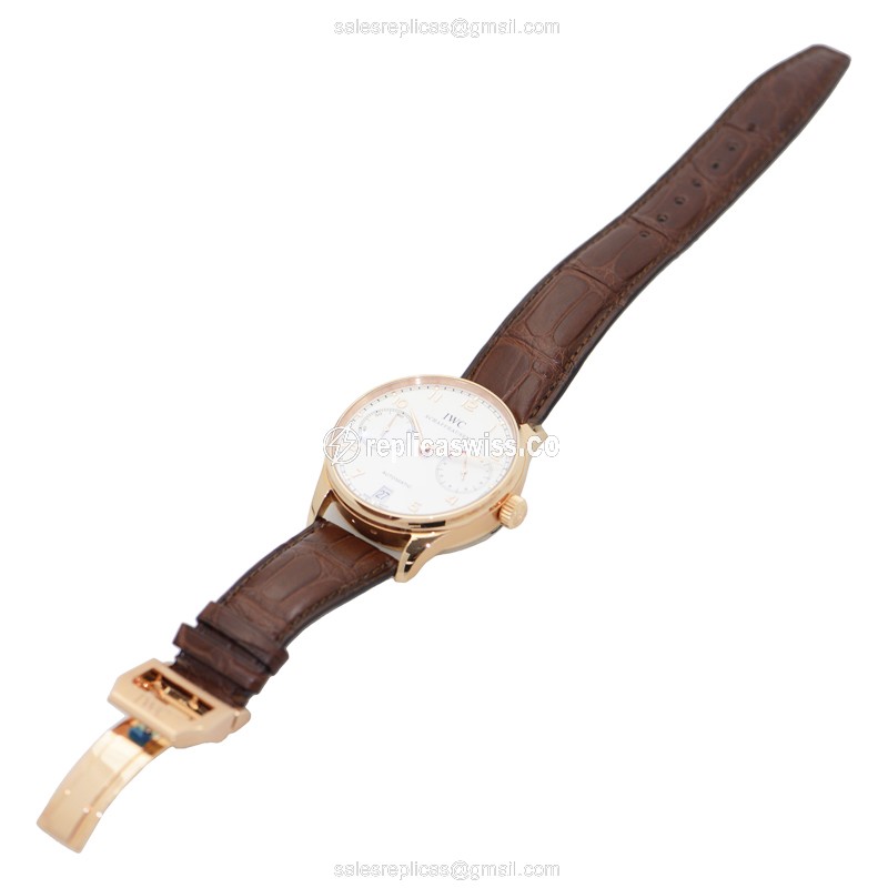 IWC Portuguese Replica - Automatic - 18kt Rose Gold - White Dial - Brown Alligator Strap - View 2