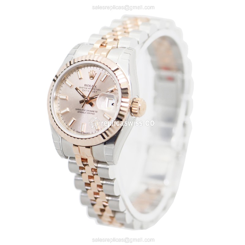 Rolex Lady Datejust Replica - Automatic - Pink Dial - 18kt Rose & Steel - Silver Strap - View 3