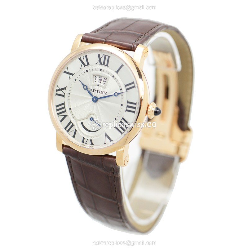 Cartier Rotonde Manual Wind - 18kt Rose Gold - White Dial, Brown Alligator Strap - View 3