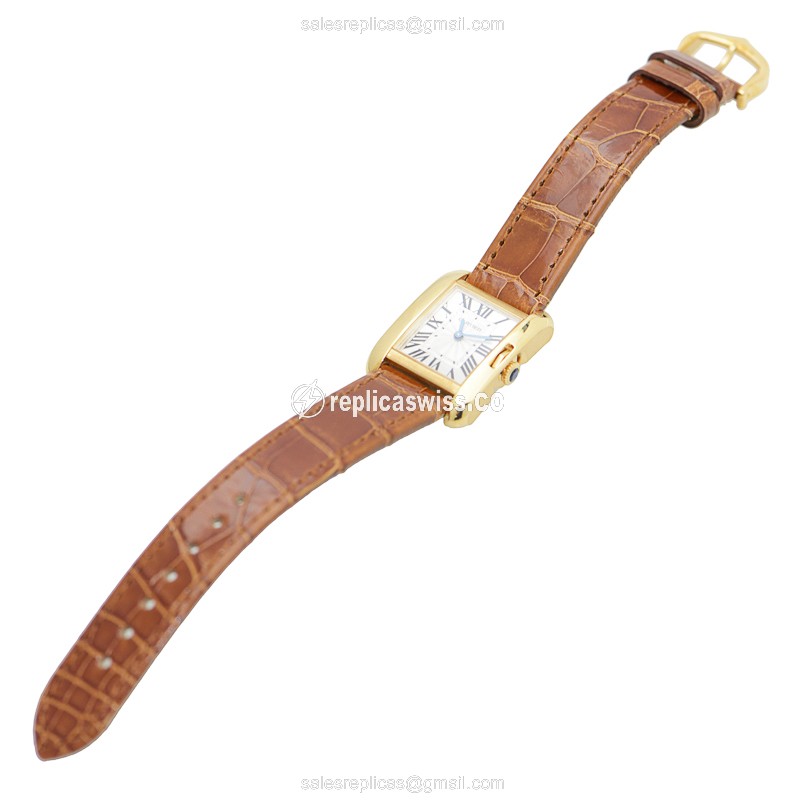 Cartier W5310028 TANK Replica - Quartz - 18kt Gold - White Dial - Brown Alligator Buckle - View 2