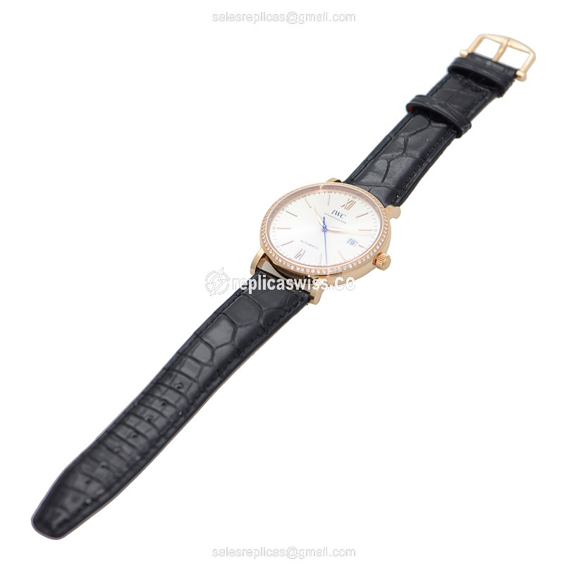 IWC Portofino Replica - Automatic 18kt Rose Gold - Diamond Bezel - Silver Dial - Black Alligator Strap - View 2