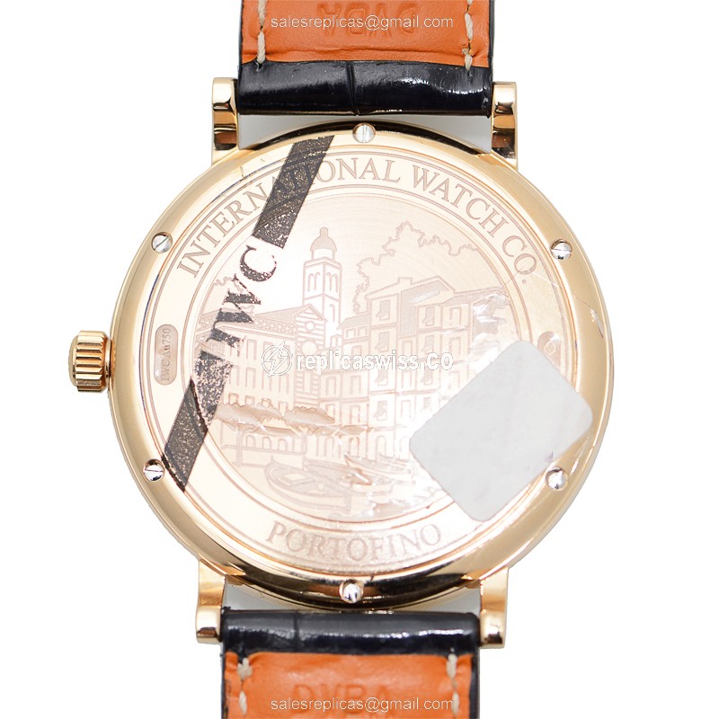 IWC Portofino Replica - Automatic 18kt Rose Gold - Diamond Bezel - Silver Dial - Black Alligator Strap - View 3