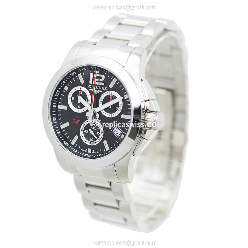 Longines CONQUEST Quartz Replica - Black Dial - Steel Case - Silver Steel Strap - Sapphire Crystal - View 3