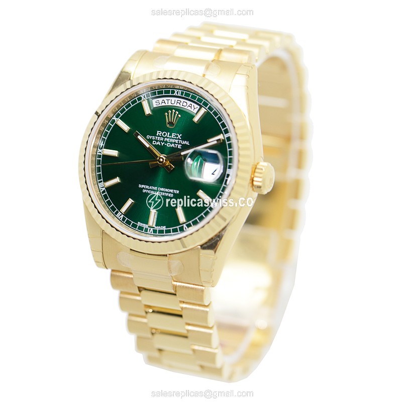 Rolex DAY-DATE Replica - Automatic - 18kt Gold - Green Dial on Gold Strap - View 3