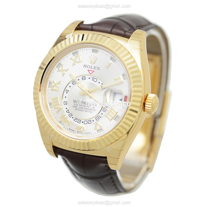 Rolex Sky-Dweller Replica - Automatic - 18kt Yellow Gold Case - Silver Dial - Brown Alligator Strap - View 3