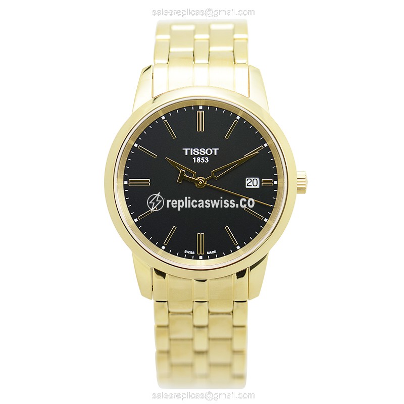 Tissot T-CLASSIC Quartz - Black Dial - Steel Case - Gold Strap - Clasp - 33mm - View 2