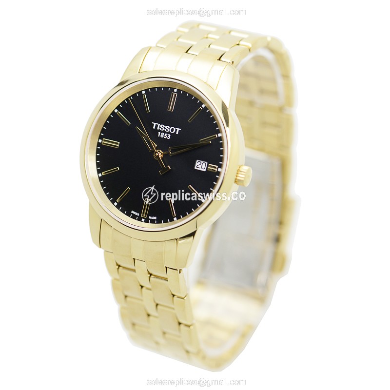 Tissot T-CLASSIC Quartz - Black Dial - Steel Case - Gold Strap - Clasp - 33mm - View 3