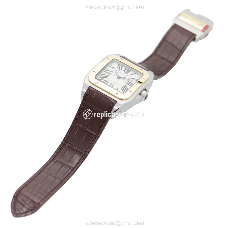 Cartier Santos Replica - Automatic - 18kt Gold & Steel - Silver Dial - Brown Alligator Strap - View 2
