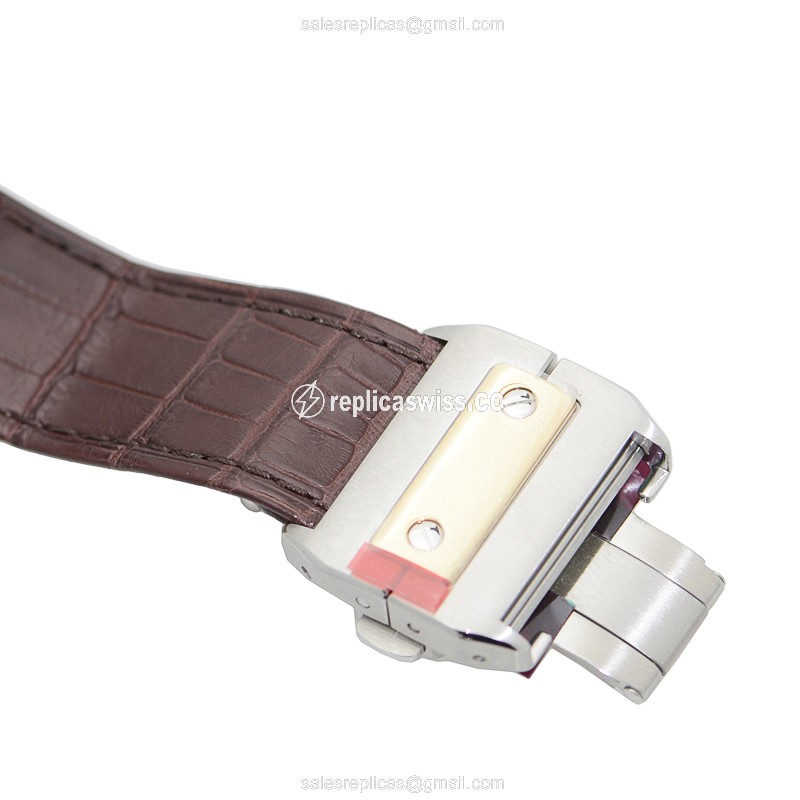 Cartier Santos Replica - Automatic - 18kt Gold & Steel - Silver Dial - Brown Alligator Strap - View 4